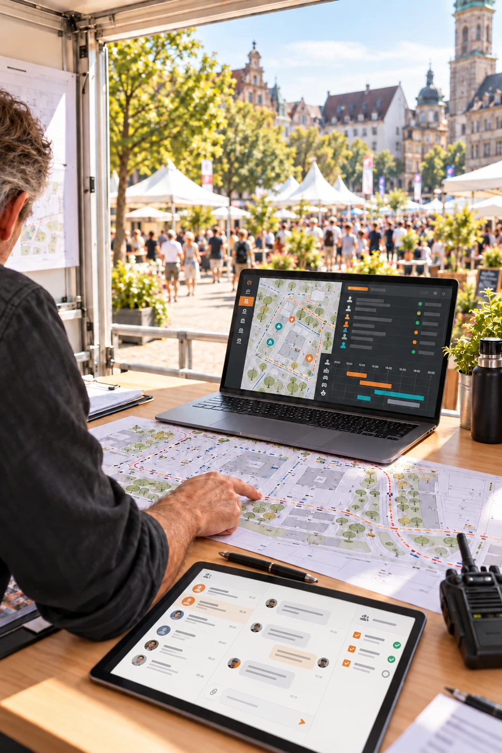 Digitale Veranstaltungskoordination mit Laptop, Tablet und Geländeplan, von hinten gesehen – KI-generierte Visualisierung