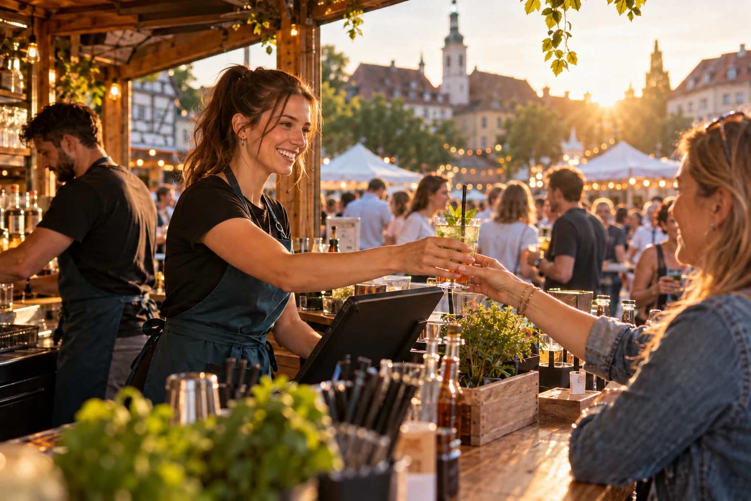 Service an einem Veranstaltungsstand mit Tablet – KI-generierte Visualisierung