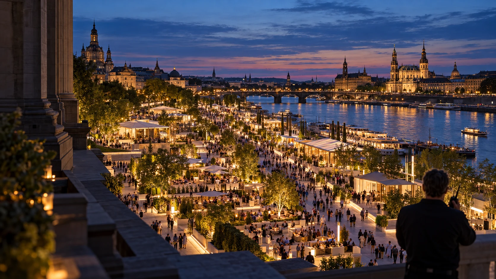 Blick von einer Terrasse auf ein großes Stadtfest am Wasser, mit Veranstaltungskoordination im Vordergrund – KI-generierte Visualisierung